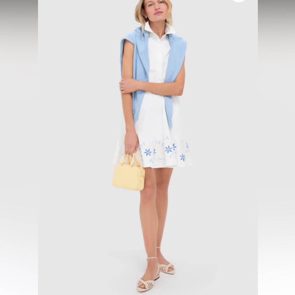 Tuckernuck White Mini Shirt Dress with Light Blue Floral Hem